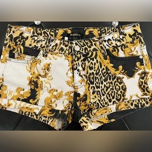 Designer inspired baroque scroll leopard shorts. L